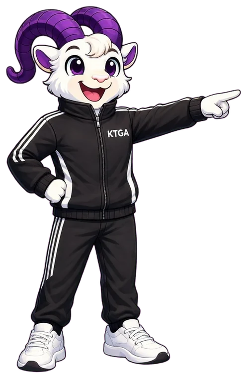 KTGA ram mascot in a tracksuit pointing to the side