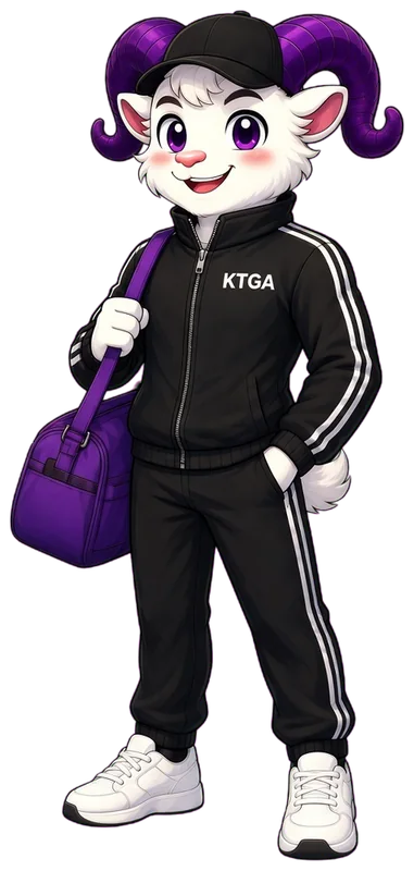 KTGA ram mascot in a KTGA tracksuit and cap, with a sports bag, smiling