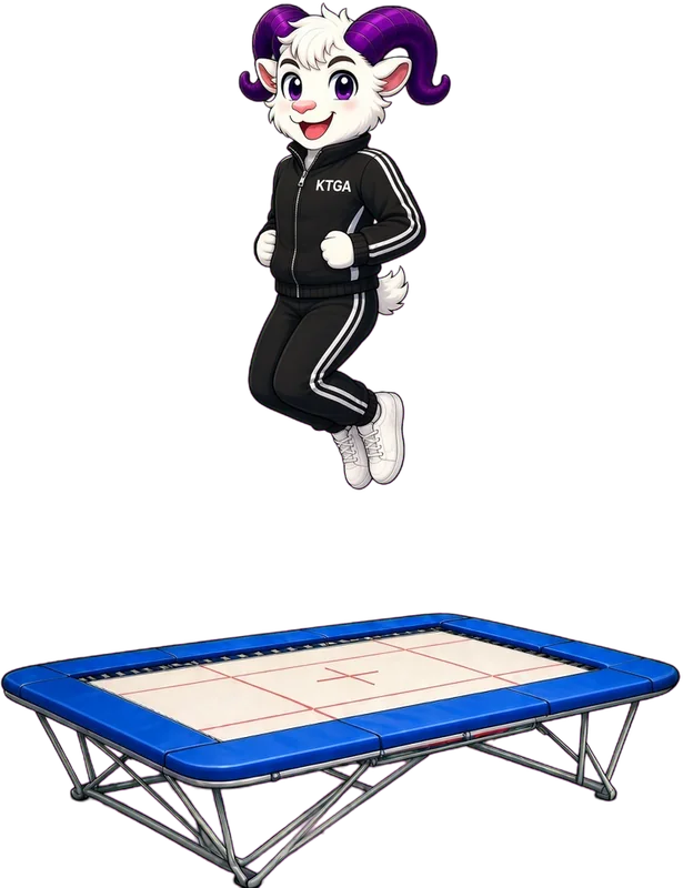 KTGA ram mascot doing a twist jump above a trampoline