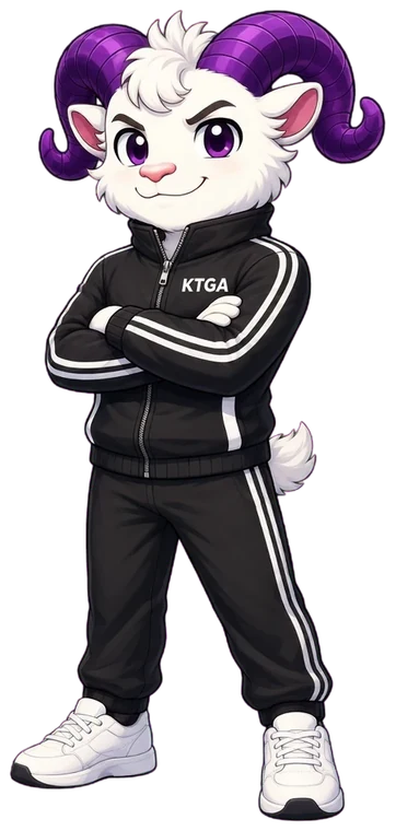 KTGA ram mascot in a KTGA tracksuit, smiling with arms folded